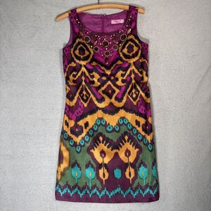 Eliza J Women’s Dress Size 6  Beaded Ikat Print Satin Shift Party Cocktail Mini